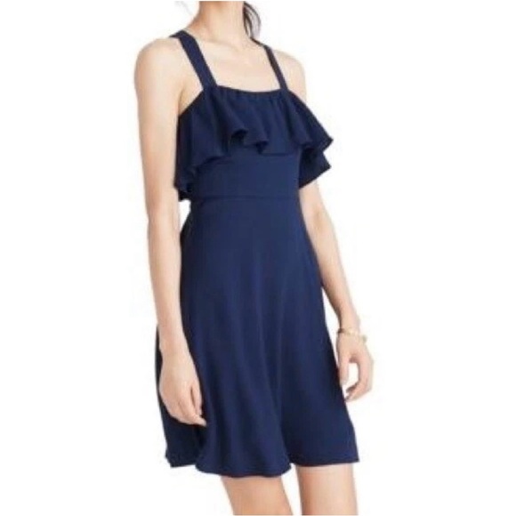 NWT Madewell Apron Ruffle Dress Navy 100% Viscose Poly Lined Size 16 Zip Back - Picture 1 of 13